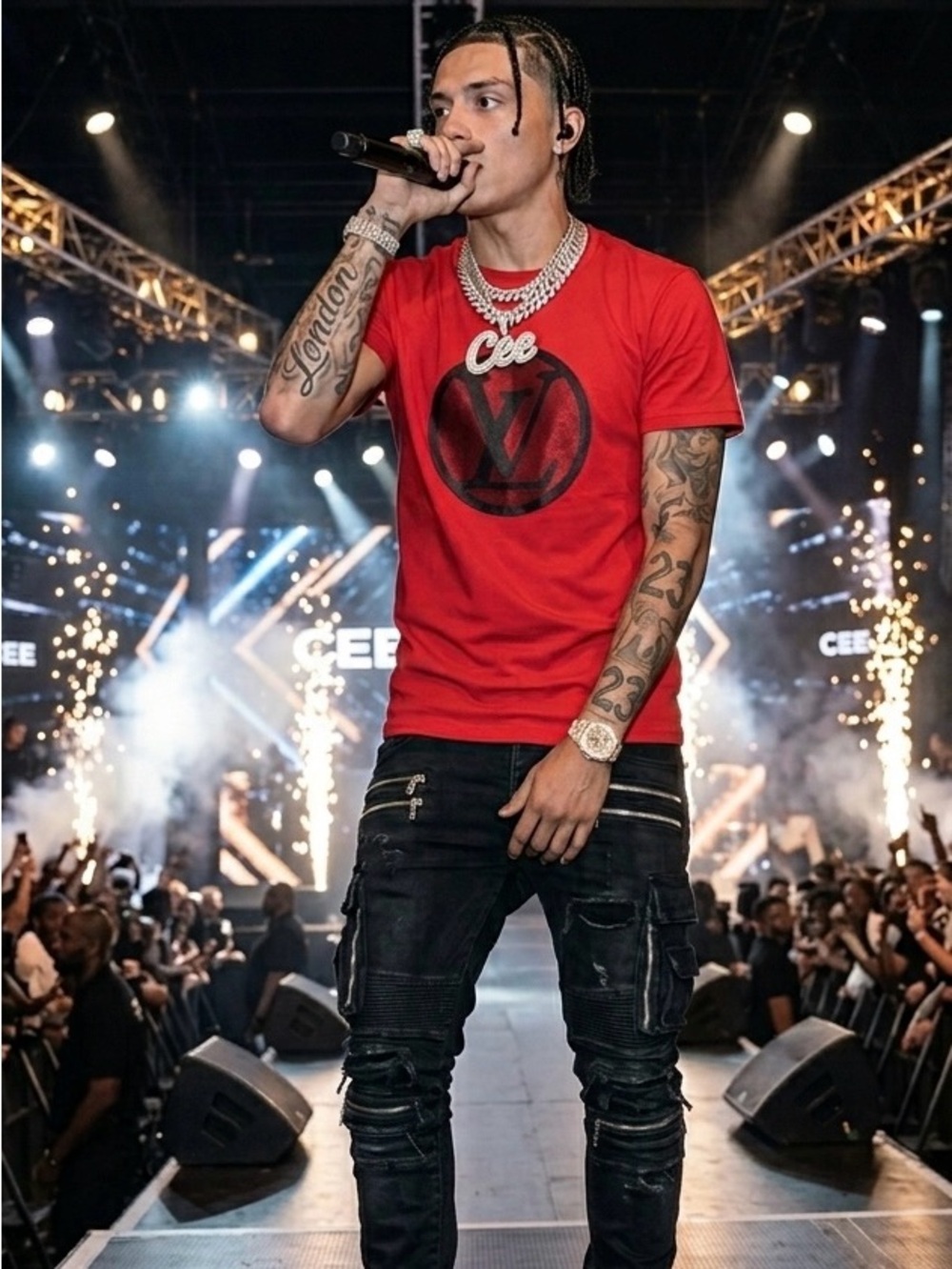Louis Vuitton Red Crewneck T-Shirt with Black LV Emblem